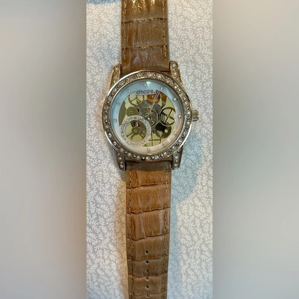 Chico's Running Tan Leather Strap Watch with Rhinestones Silver White Gold 9